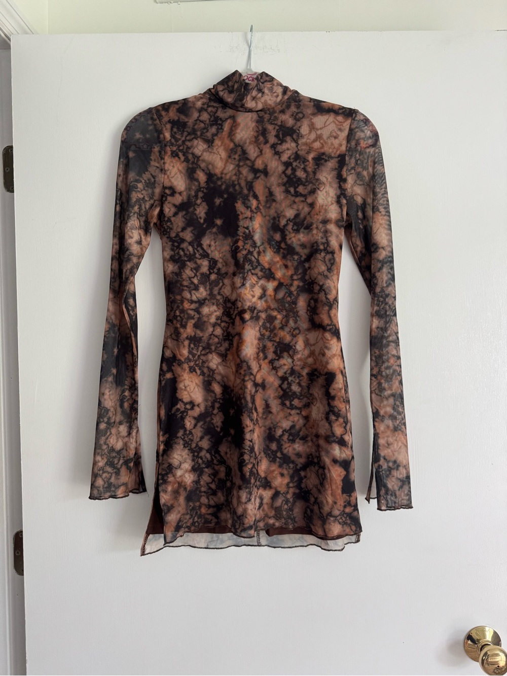 Sheer Tie-Dye Long Sleeve Mesh Dress in Brown and Black